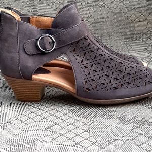 Earth Silky Suede Peep Toe Booties, Dark Slate, Size 10 Wide